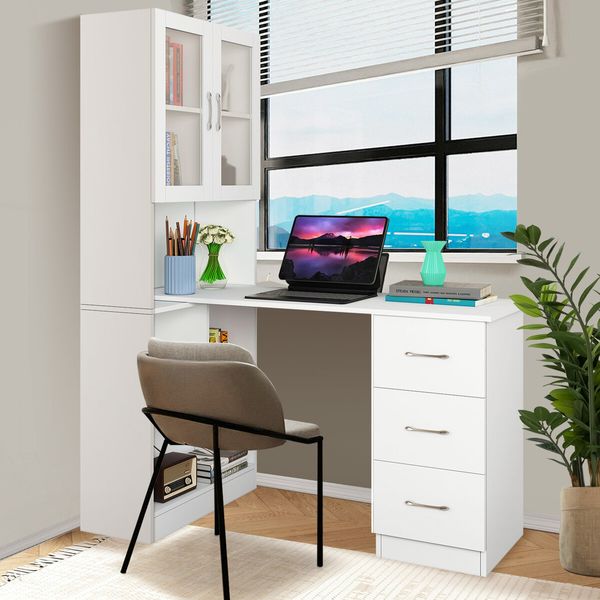 3in1 Computer Laptop Desk and Bookshelf Bookcase Study Table Office Writing Shelving Drawers Cabinets White