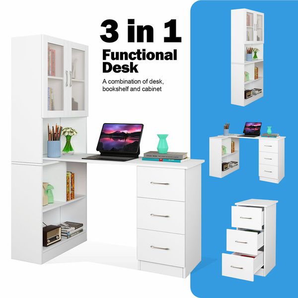 3in1 Computer Laptop Desk and Bookshelf Bookcase Study Table Office Writing Shelving Drawers Cabinets White