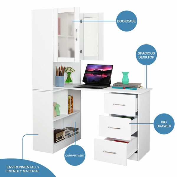 3in1 Computer Laptop Desk and Bookshelf Bookcase Study Table Office Writing Shelving Drawers Cabinets White