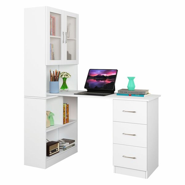 3in1 Computer Laptop Desk and Bookshelf Bookcase Study Table Office Writing Shelving Drawers Cabinets White