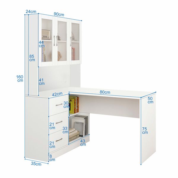 Computer Desk and Bookcase 3in1 Study Writing Laptop Table Shelving Office Bookshelf Drawers Cabinets White