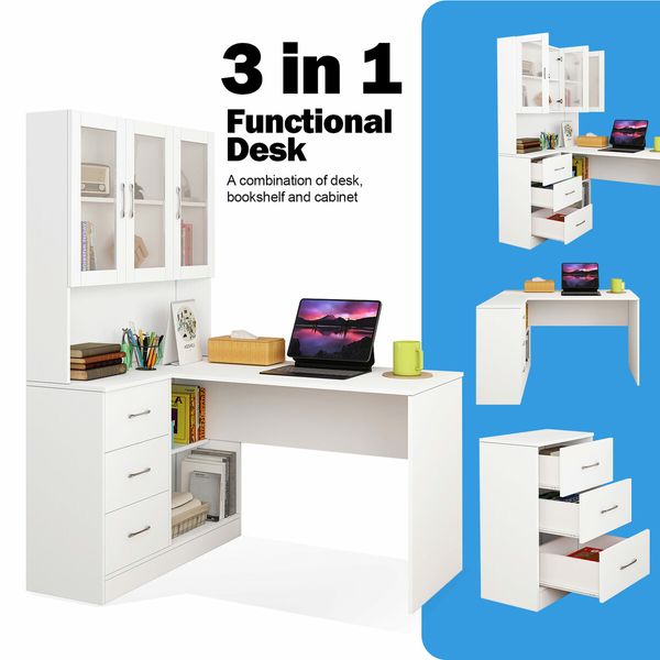 Computer Desk and Bookcase 3in1 Study Writing Laptop Table Shelving Office Bookshelf Drawers Cabinets White