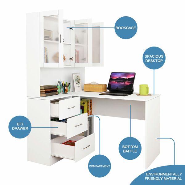 Computer Desk and Bookcase 3in1 Study Writing Laptop Table Shelving Office Bookshelf Drawers Cabinets White