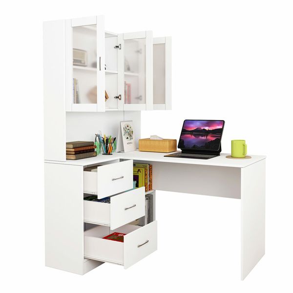 Computer Desk and Bookcase 3in1 Study Writing Laptop Table Shelving Office Bookshelf Drawers Cabinets White