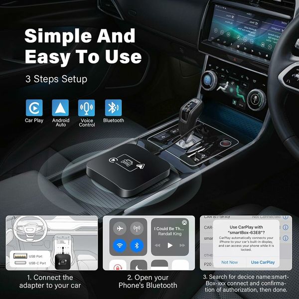 Carplay Wireless Adapter, 2 in 1 Apple Carplay/Android Auto, USB Converter, Carplay Dongle, BT Transmitter/Aux, Compatible All Car Models, Smart Carplay Box Support iPhone 6+/iOS 10+/Android 11.0+