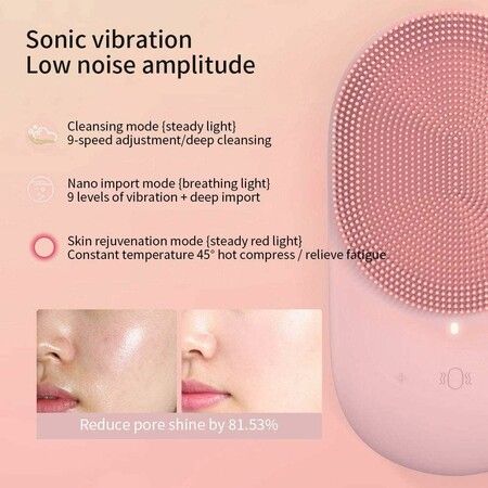 Facial Cleansing Brush, Sonic Waterproof Cleansing Brush(8 Adjustable Speeds) Effectively Cleans and Exfoliates, Soft Silicone Heated Massage Helps Open pores&Import Essence, Relieve Fatigu (Pink)