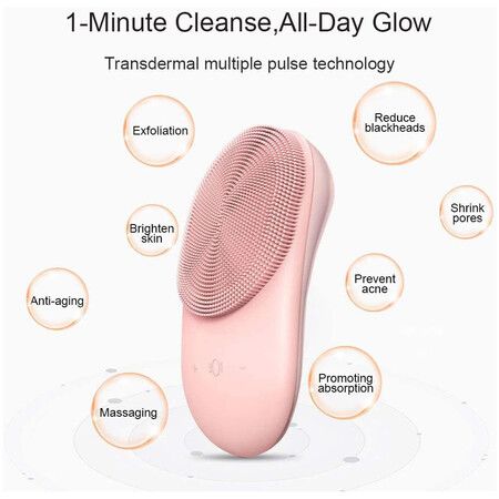 Facial Cleansing Brush, Sonic Waterproof Cleansing Brush(8 Adjustable Speeds) Effectively Cleans and Exfoliates, Soft Silicone Heated Massage Helps Open pores&Import Essence, Relieve Fatigu (Pink)