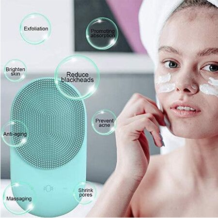 Facial Cleansing Brush, Sonic Waterproof Cleansing Brush(8 Adjustable Speeds) Effectively Cleans and Exfoliates, Green