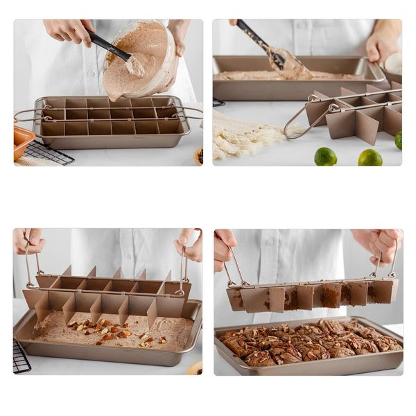 Champagne Gold Brownie Pan with Dividers Non-stick Rectangular Baking Pan with Built-in Slicer Can Make Brownie Bite Cake Fudges and Chocolate