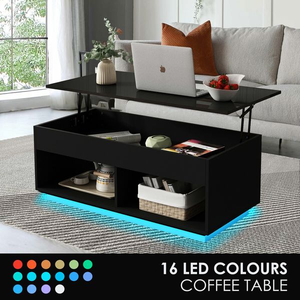 Lift Top Coffee Table Cocktail Sofa Tea Dining Desk with LED Lights Storage Work Center Cafe Living Sitting Room Furniture