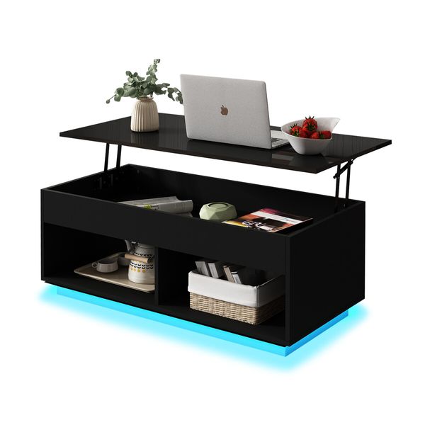 Lift Top Coffee Table Cocktail Sofa Tea Dining Desk with LED Lights Storage Work Center Cafe Living Sitting Room Furniture