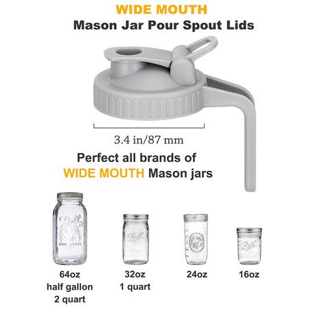 Mason Jar Pour Spout Lid for Wide Mouth Mason Jars, Mason Jar Pitcher Flip Cap Airtight Handle Lid, Leak Proof Seal Cover Grey 2 Pcs