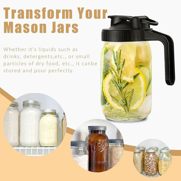 Mason Jar Pour Spout Lid for Wide Mouth Mason Jars, Mason Jar Pitcher Flip Cap Airtight Handle Lid, Leak Proof Seal Cover 2 Pcs