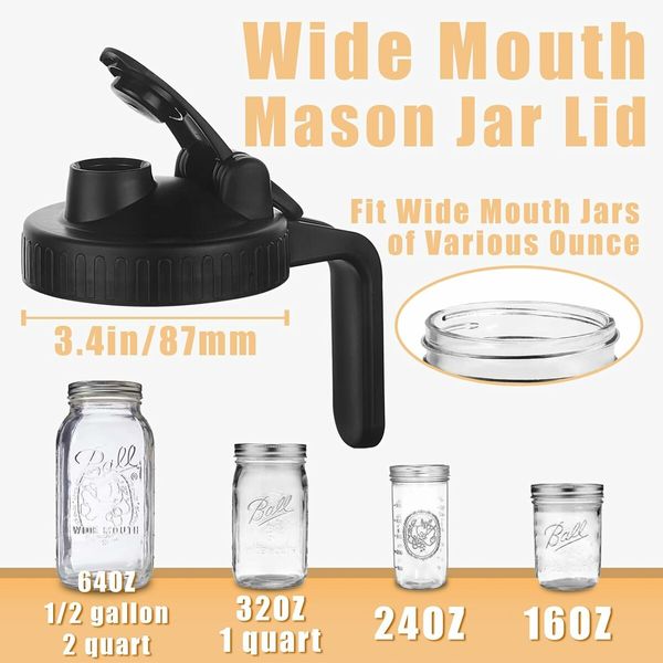 Mason Jar Pour Spout Lid for Wide Mouth Mason Jars, Mason Jar Pitcher Flip Cap Airtight Handle Lid, Leak Proof Seal Cover 2 Pcs