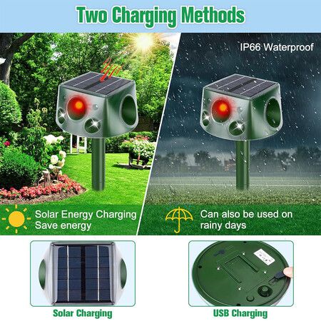 Solar Ultrasonic Animal Repeller, 4-Sided 360° Outdoor Cat Repeller with 7 Adjustable Modes, IP66 Waterproof, Double-Sided Flashing Light and Ultrasonic Speaker