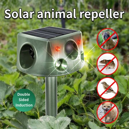 Solar Ultrasonic Animal Repeller, 4-Sided 360° Outdoor Cat Repeller with 7 Adjustable Modes, IP66 Waterproof, Double-Sided Flashing Light and Ultrasonic Speaker