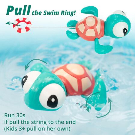 Turtle with Swim Ring, Pull String Swimming Sea Friends Bath Toy for Kids for Age 3+