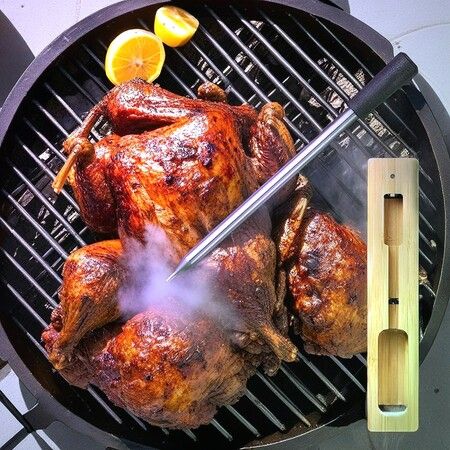 5.2 Bluetooth BBQ Meat Bamboo Thermometer Fast Charging Food-Grade Stainless Steel Probes for Grill, Oven with App for Real-Time Temperature Monitoring