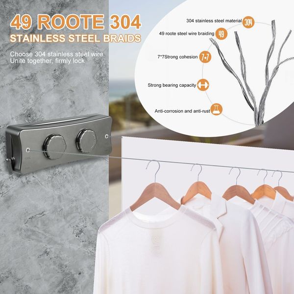 Double Retractable Portable Clothesline for Travel, Wall Mounted Clothes Drying Rack Stainless Steel Clothes Line Outdoors/Indoor