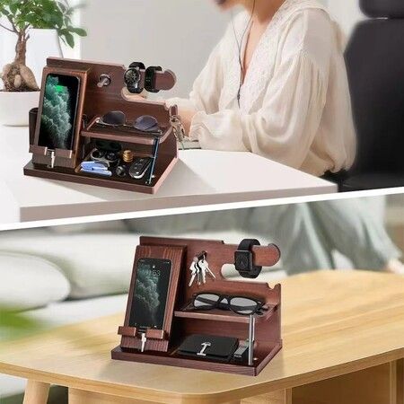 Wood Phone Docking Station Ash Key Holder Stand Watch Organizer Men Gift Husband Wife Anniversary Dad Birthday Nightstand Purse Father Graduation Male Travel Idea Gadgets