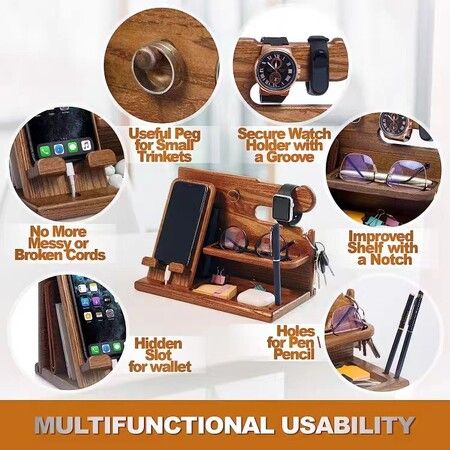 Wood Phone Docking Station Ash Key Holder Stand Watch Organizer Men Gift Husband Wife Anniversary Dad Birthday Nightstand Purse Father Graduation Male Travel Idea Gadgets