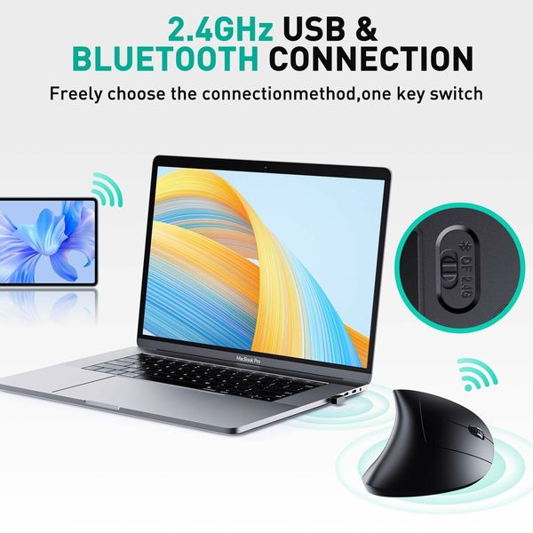 Bluetooth and 2.4G (2-in-1) Rechargeable Wireless Mouse,Ergonomic Vertical Design,1000/1200/1600 DPI,6 Silent Buttons,for Laptop,Computer,PC,MacBook,Chromebook Black