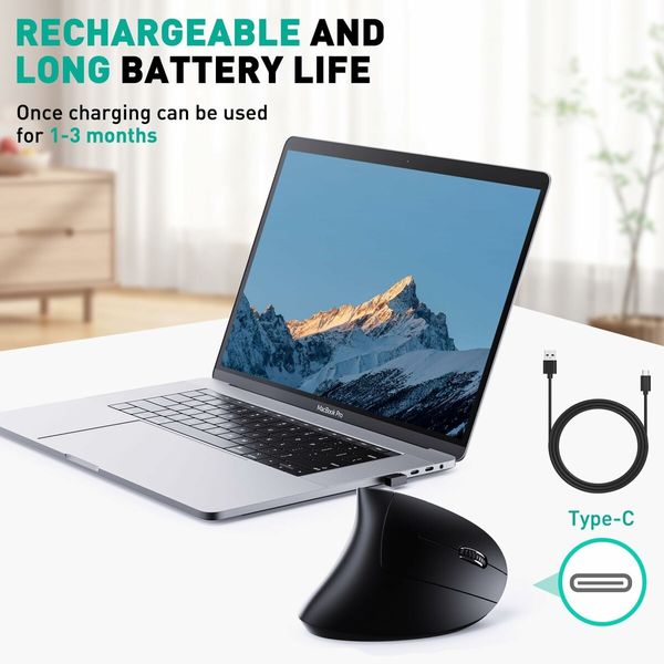 Bluetooth and 2.4G (2-in-1) Rechargeable Wireless Mouse,Ergonomic Vertical Design,1000/1200/1600 DPI,6 Silent Buttons,for Laptop,Computer,PC,MacBook,Chromebook Black