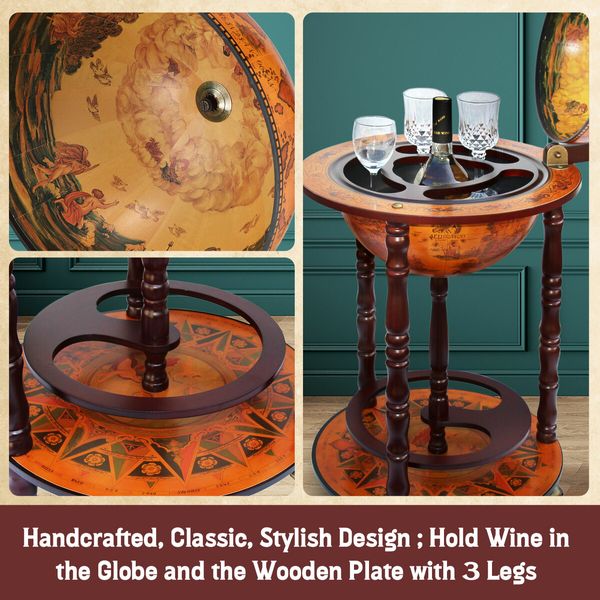 Antique Globe Bar Cart Cabinet Alcohol Wine Drinks Coffee Serving Trolley Round Bottle Storage Mid-century 44x44x88cm