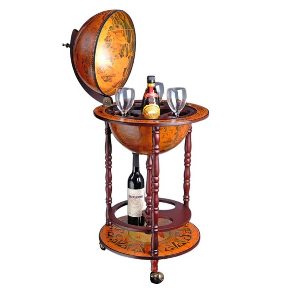 Antique Globe Bar Cart Cabinet Alcohol Wine Drinks Coffee Serving Trolley Round Bottle Storage Mid-century 44x44x88cm