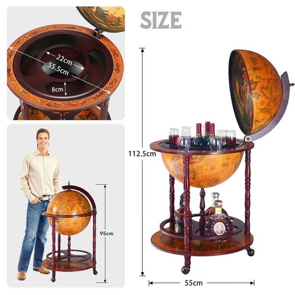 Antique Globe Alcohol Cabinet Bar Cart Drinks Wine Serving Trolley Bottle Organiser Mini Round Mobile Stand 55x55x95cm