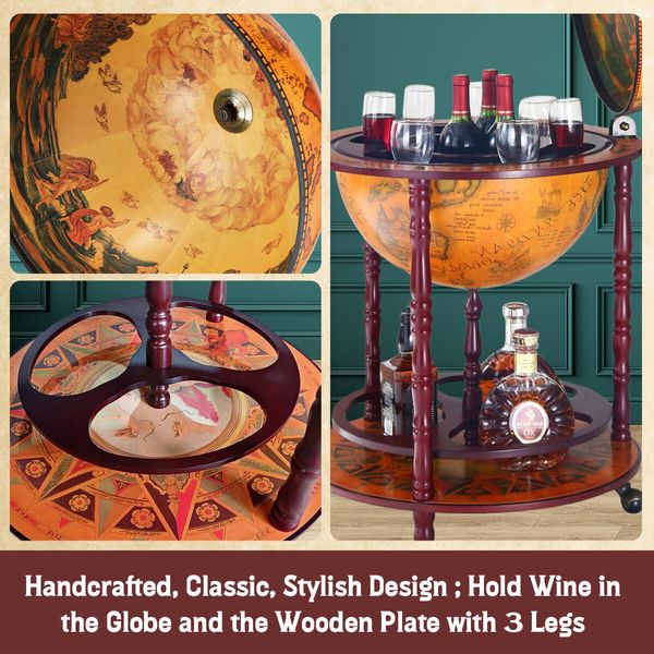 Antique Globe Alcohol Cabinet Bar Cart Drinks Wine Serving Trolley Bottle Organiser Mini Round Mobile Stand 55x55x95cm