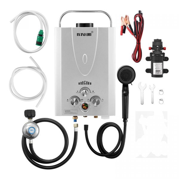 Maxkon Gas Water Heater 9 in 1 10L Portable Outdoor Camping Instant Hot Shower Heating System Silver with Pump