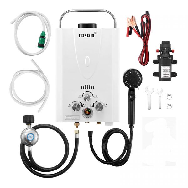 Maxkon Gas Water Heater 9 in 1 10L Outdoor Portable Camping Shower Instant Hot Heating System White with Pump