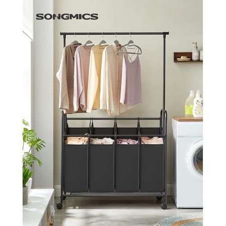 SONGMICS 4-Bag Laundry Sorter Rolling Cart with Hanging Bar Heavy-Duty Wheels Black