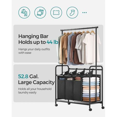 SONGMICS 4-Bag Laundry Sorter Rolling Cart with Hanging Bar Heavy-Duty Wheels Black