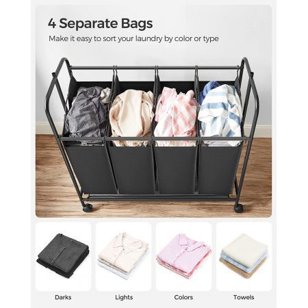 SONGMICS 4-Bag Laundry Sorter Rolling Cart with Hanging Bar Heavy-Duty Wheels Black