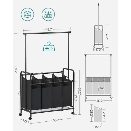 SONGMICS 4-Bag Laundry Sorter Rolling Cart with Hanging Bar Heavy-Duty Wheels Black