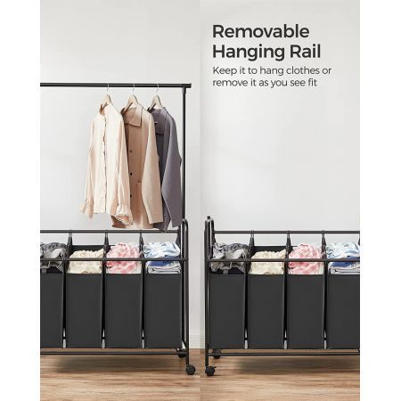 SONGMICS 4-Bag Laundry Sorter Rolling Cart with Hanging Bar Heavy-Duty Wheels Black