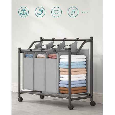 SONGMICS Laundry Basket with 4 Removable Laundry Bin on Wheels Gray