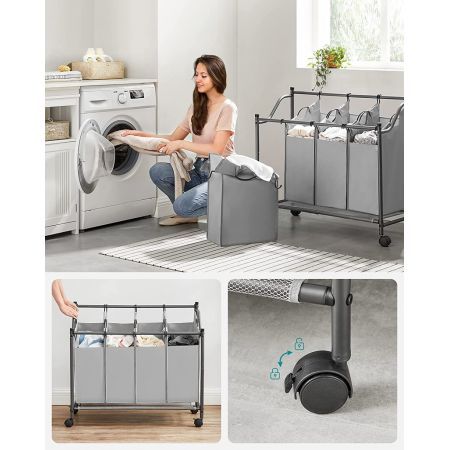 SONGMICS Laundry Basket with 4 Removable Laundry Bin on Wheels Gray