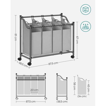 SONGMICS Laundry Basket with 4 Removable Laundry Bin on Wheels Gray