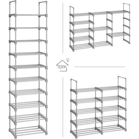 SONGMICS 10-Tier Metal Shoe Rack Customizable Design Grey