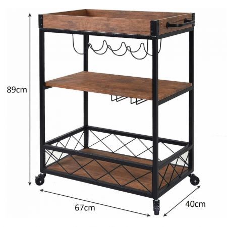 EKKIO 3 Tiers Kitchen Serving Wine Cart Trolley with Wine Rack (Walnut)