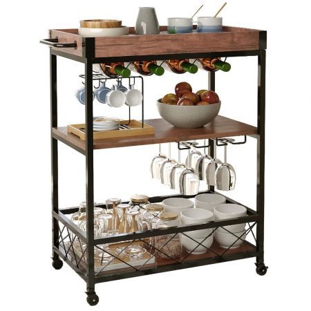 EKKIO 3 Tiers Kitchen Serving Wine Cart Trolley with Wine Rack (Walnut)