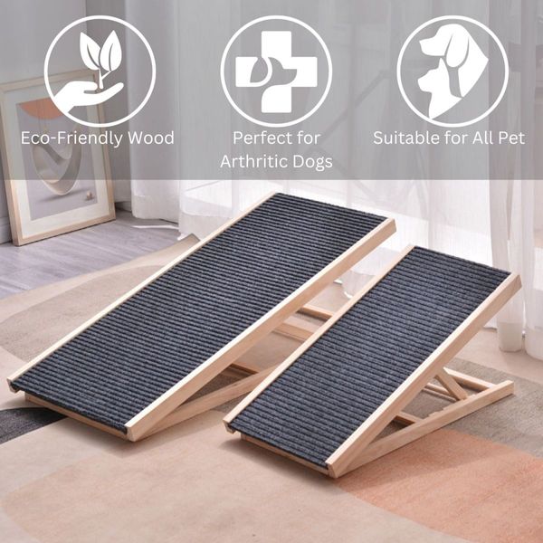 Floofi Natural Wood Grain Wooden Adjustable Height Pet Ramp Dog Sofa Stairs