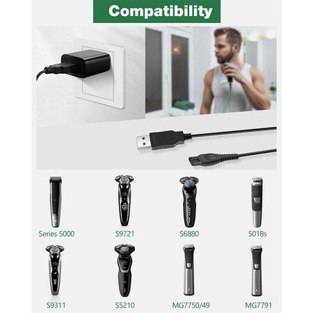 15V USB Charging Cable for Phi Lip Norel HQ8505 2300 7000 5000 3000 Series 3500 mg5750 mg7750 S1560 Electric Shaver Razor Multigroom Beard Trimmer, 15V 0.36A Power Supply Adapter Charging Cord