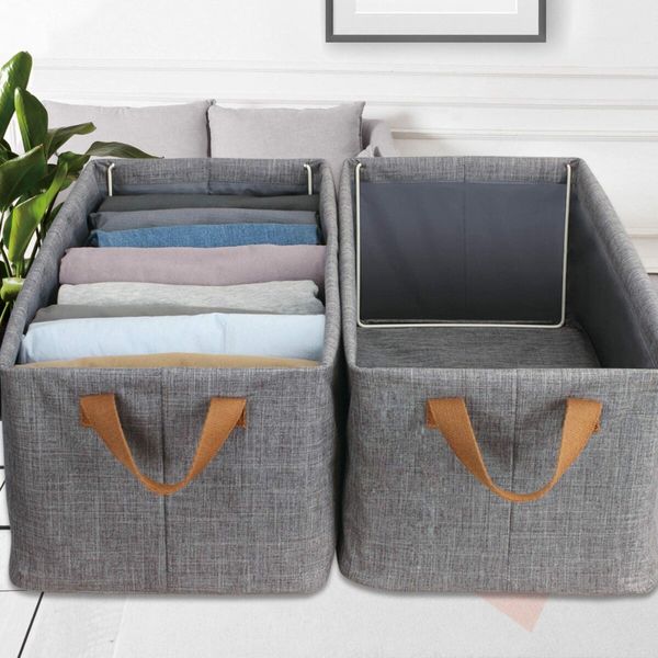 2 PCS cation storage box foldable grey Fabric iron frame clothes storage box double hand handle washable