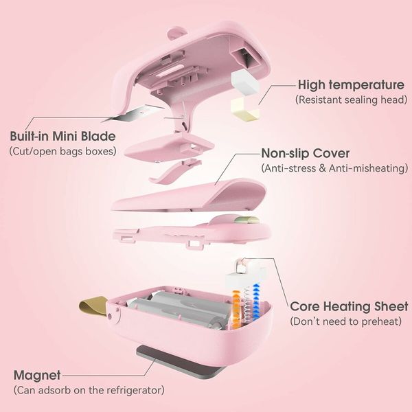 Handheld Thermal Vacuum Sealer, 2 in 1 Heat Sealer and Cutter with Drawstring, Portable Bag Resealer Machine for Plastic Bags, Food Storage, Snacks,Pink