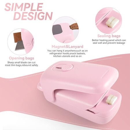 Handheld Thermal Vacuum Sealer, 2 in 1 Heat Sealer and Cutter with Drawstring, Portable Bag Resealer Machine for Plastic Bags, Food Storage, Snacks,Pink