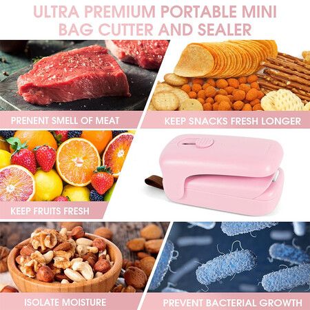 Handheld Thermal Vacuum Sealer, 2 in 1 Heat Sealer and Cutter with Drawstring, Portable Bag Resealer Machine for Plastic Bags, Food Storage, Snacks,Pink